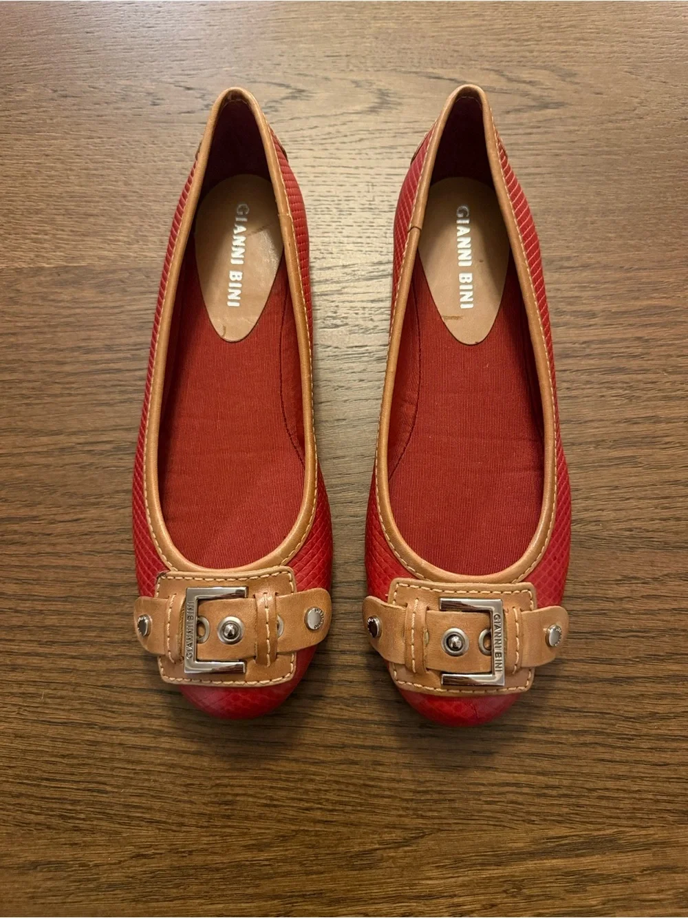 Gianni Bini Red Ballet Flats with Tan Trim and Silver Buckle